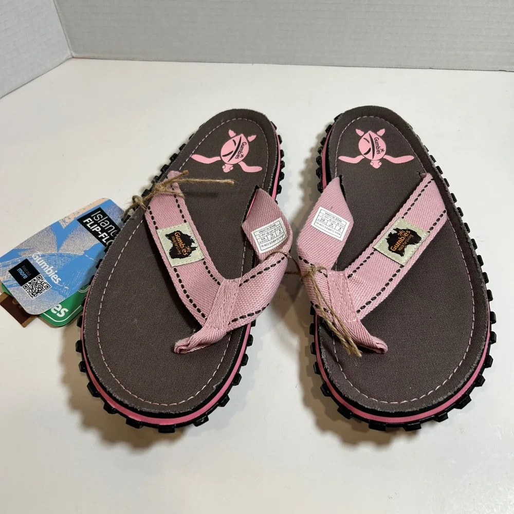 Gumbies Island Sandals Womens 9.5 Flip Flops Pink Canvas Summer Beach Turtle